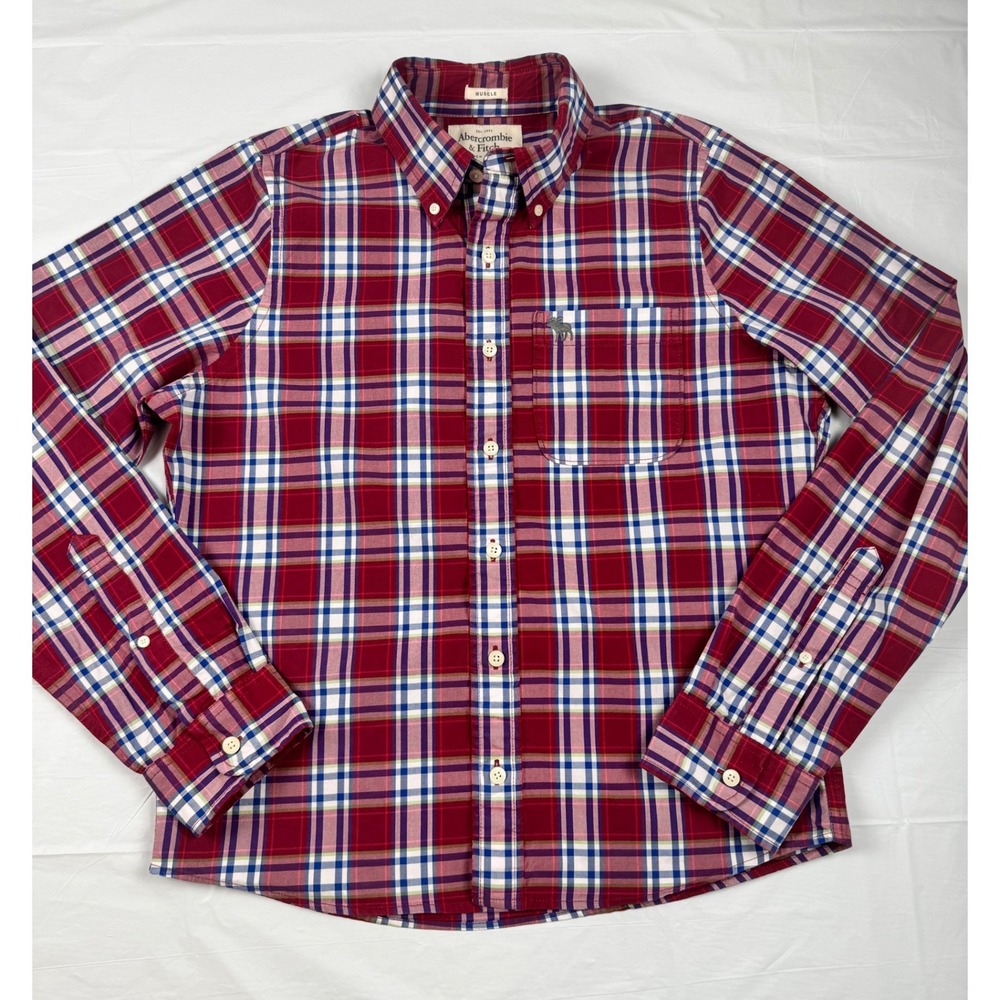 Abercrombie & Fitch Muscle Fit Plaid Button Down Shirt Mens Large Red Cotton